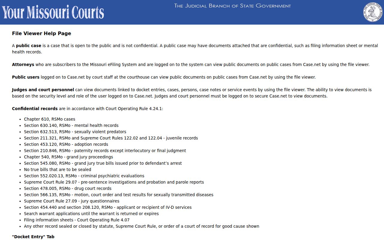 Cass County case lookup research showing Missouri Case.net file viewer help