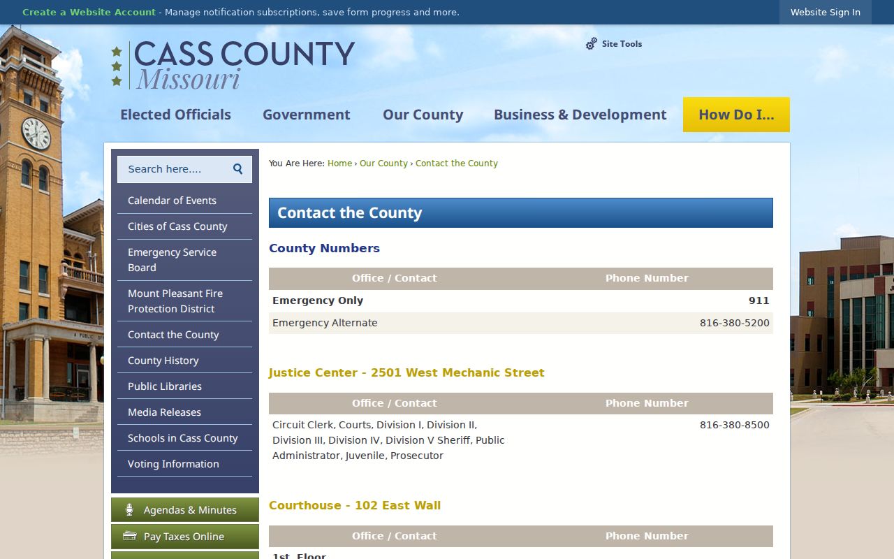 Cass County court docket contact directory for court and clerk routing