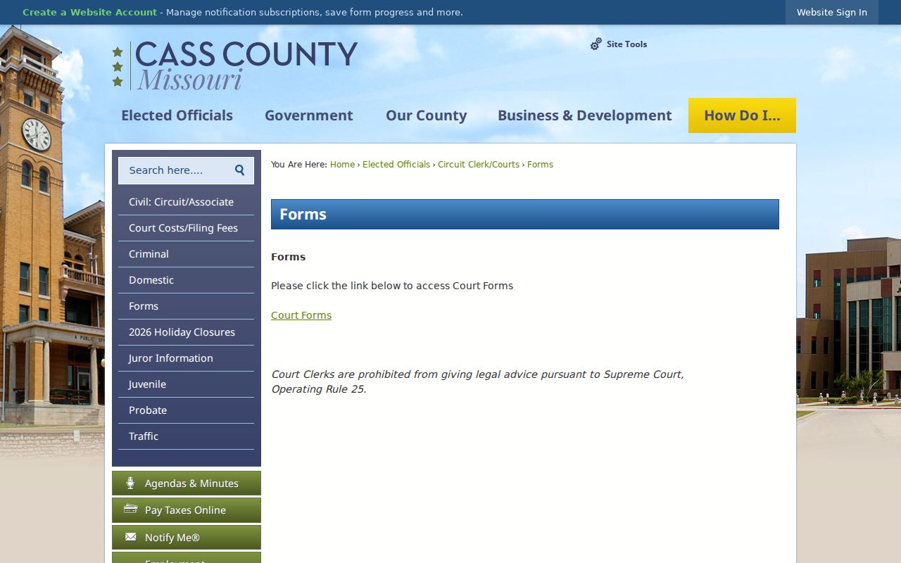 Cass County civil docket research showing official court forms