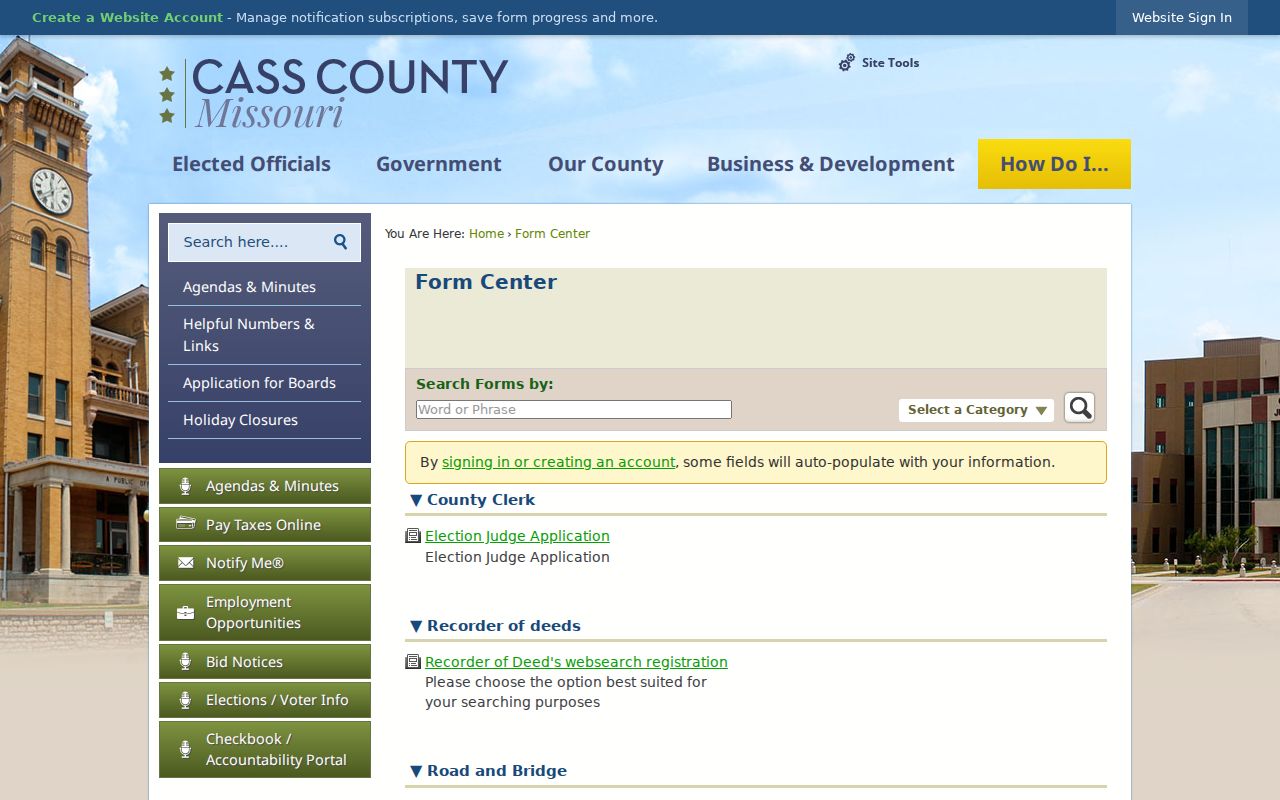 Cass County civil docket research showing the official Form Center
