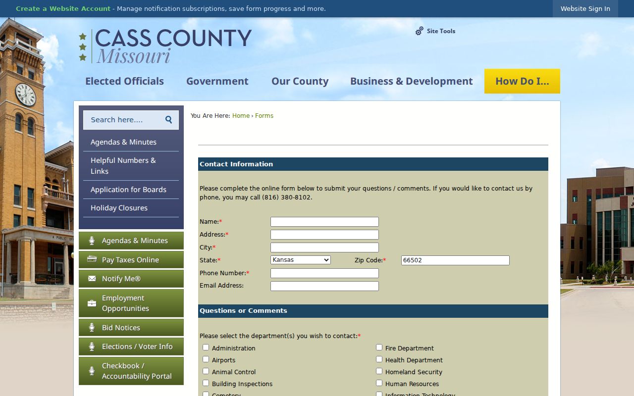 Cass County civil docket research showing the public county contact form