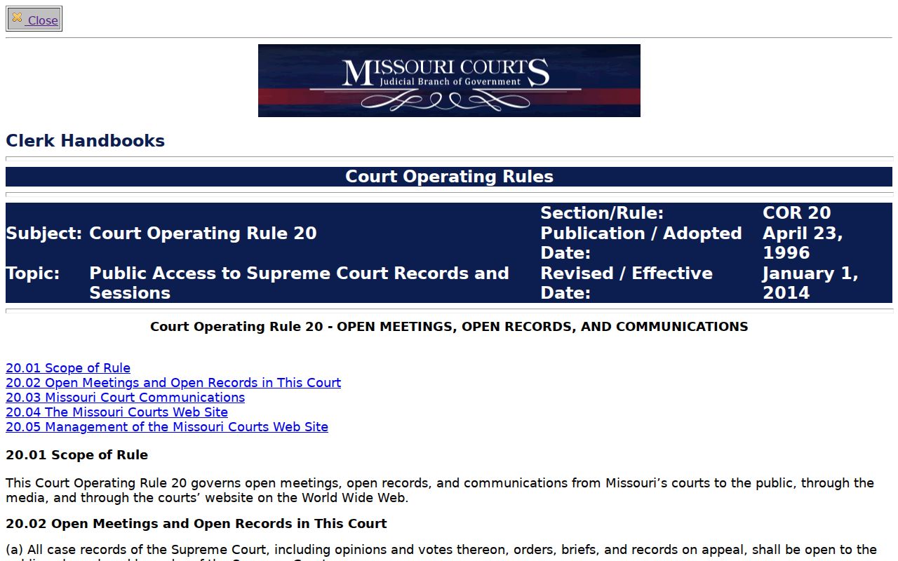 Cass County criminal docket research showing Missouri Court Operating Rule 20