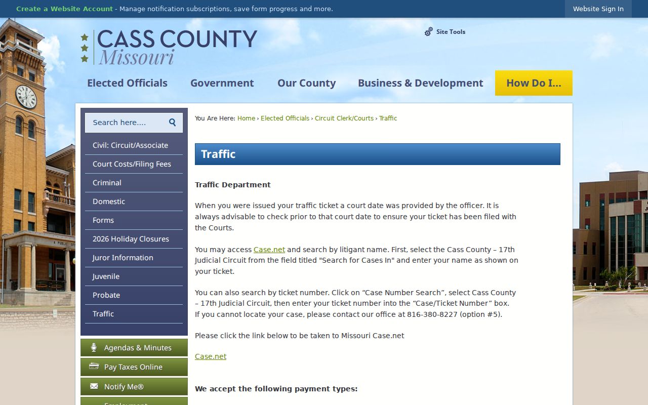 Cass County traffic ticket research showing official county traffic instructions