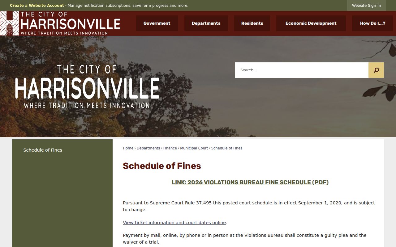 Cass County traffic ticket research showing Harrisonville official schedule of fines